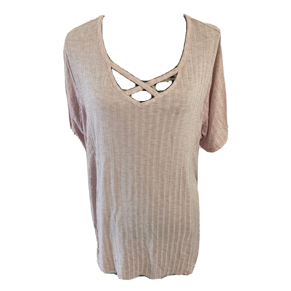 Catherine’s Top Blouse 2X  Pink Short Sleeve Rayon Tunic Lightweight Scoop Neck